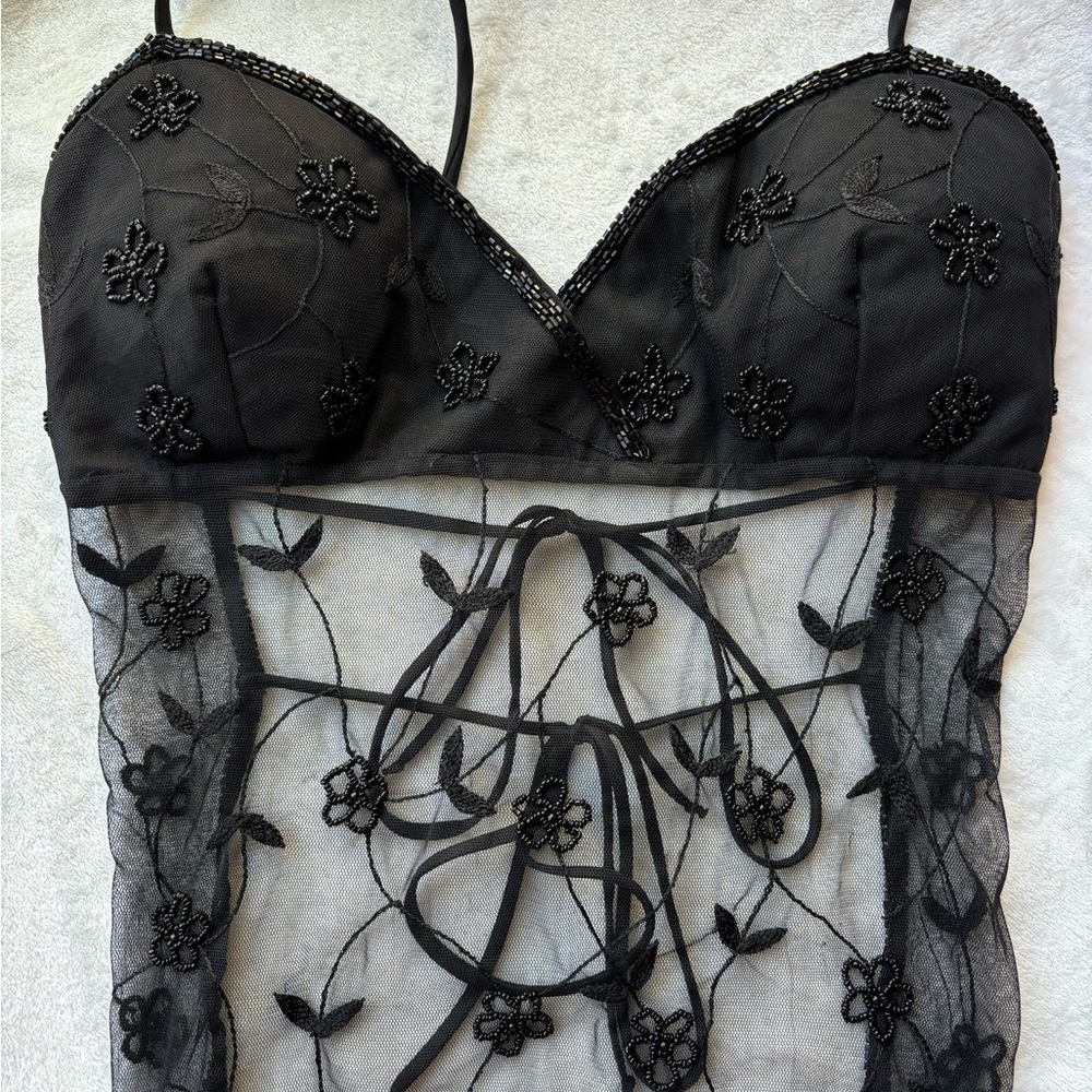 Black Sheer Floral Embroidered Halter Top - Picture 4 of 6
